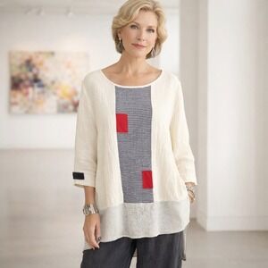 Artsy Lagenlook Tunic Top M Moonlight Y&S Fashion B&W Red Patchwork Made in USA